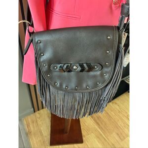 Brown fringe faux leather crossbody bag - new western country outfit hobo hippy